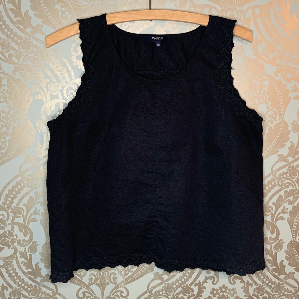 M/L Madewell Black Linen Cross Back Eyelet Tank